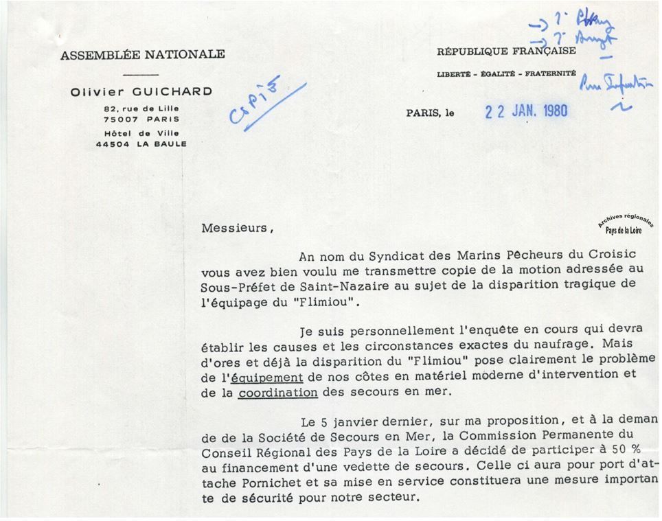 Courrier du Président du Conseil régional Olivier Guichard, en date du 20 janvier 1980, indiquant un financement à la SNSM pour une vedette de secours. ©Archives régionales Pays de la Loire