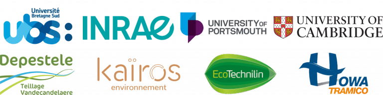 Liste des logos du projet INTERREG FLOWER : Université Bretagne Sud, INRAE, University of Portsmouth, University of Cambridge, Depestele Teillage Vendecandelaere, Kaïros environnement, EcoTechnilin, Howa Tramico