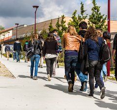 lycéens de dos marchant vers leur établissement